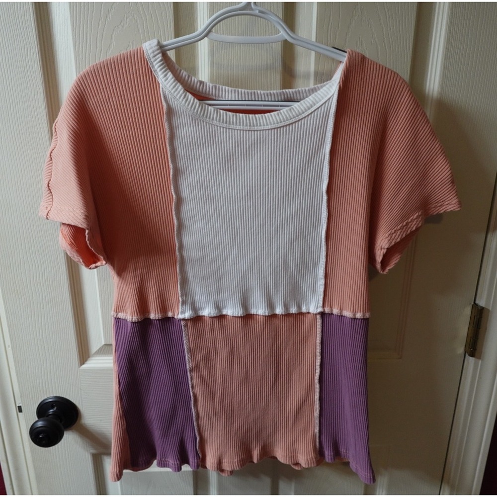 Colorblock Patchwork Ribbed‎ Knit Tee Peach Purple White Large